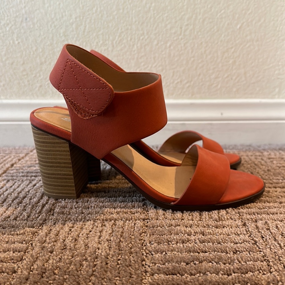 Orange block heel sandals, Soda brand, barely worn